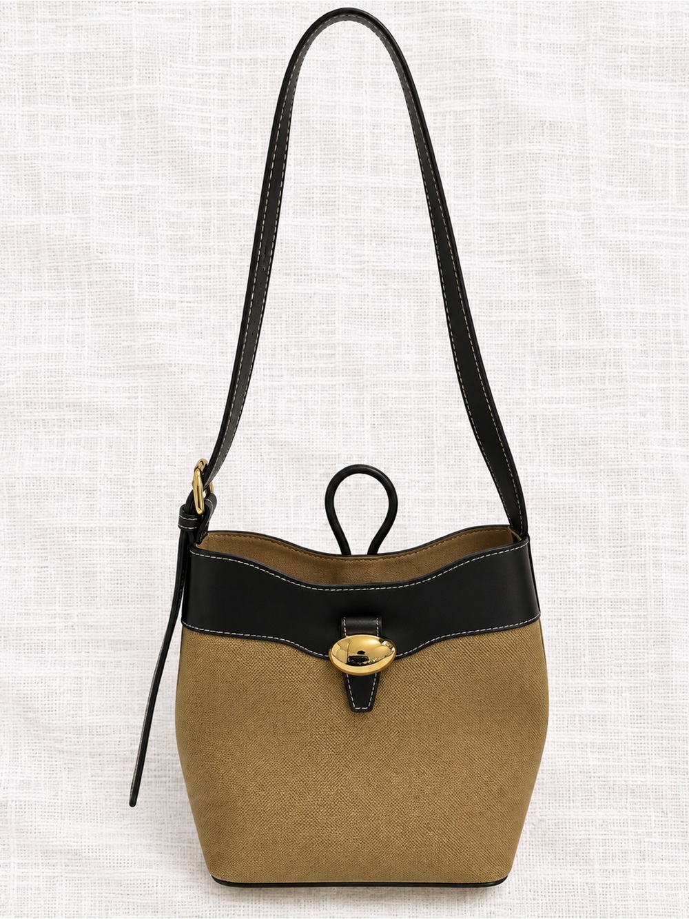 H&M Khaki & Black Structured Bucket Shoulder Bag Gold Hardware